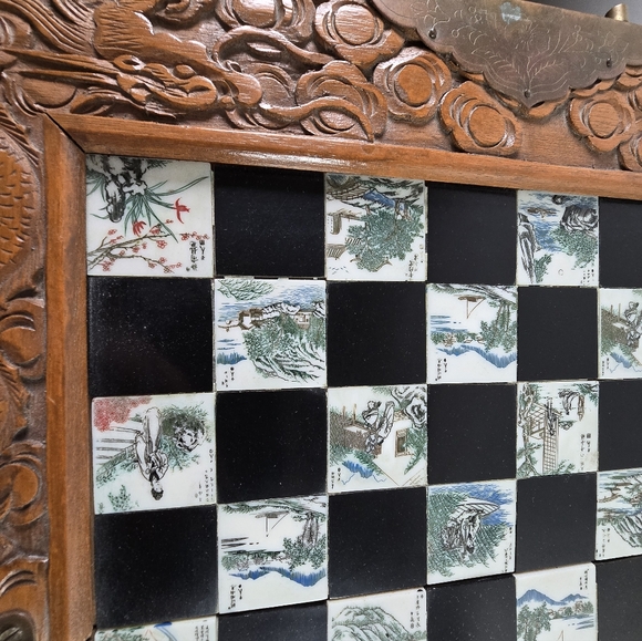 Vintage Chinese Hand Carved Jade Soapstone Chess Set Folding Wooden Case Drawers - Picture 7 of 16